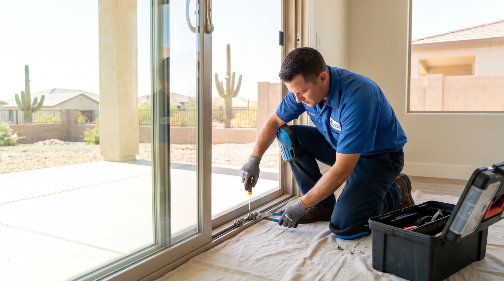 Technician repairing a sliding door